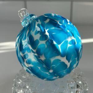 Hand Blown Blue White Art Glass Sphere 3" Ornament Raised Swirl